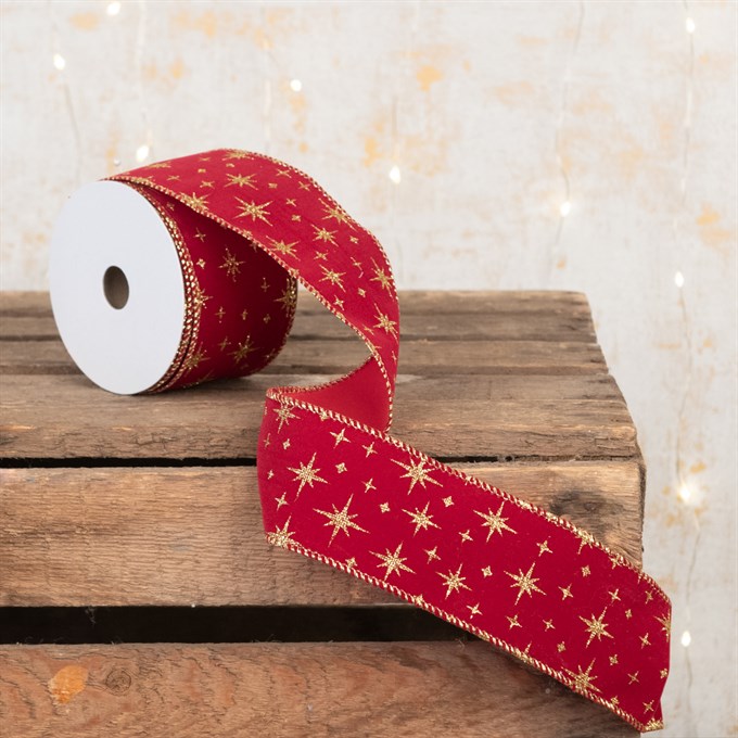 Red Velvet Christmas Ribbon with Gold Stars 2.5"