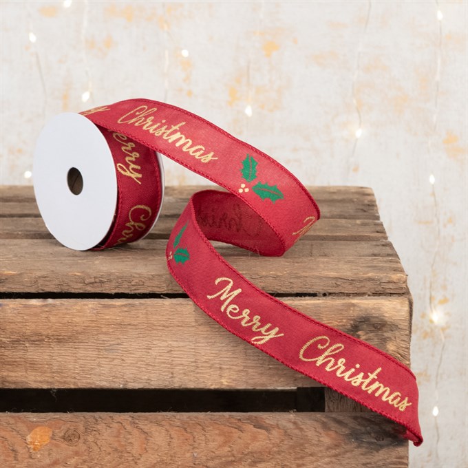 Burgundy Merry Christmas Ribbon 1.5"