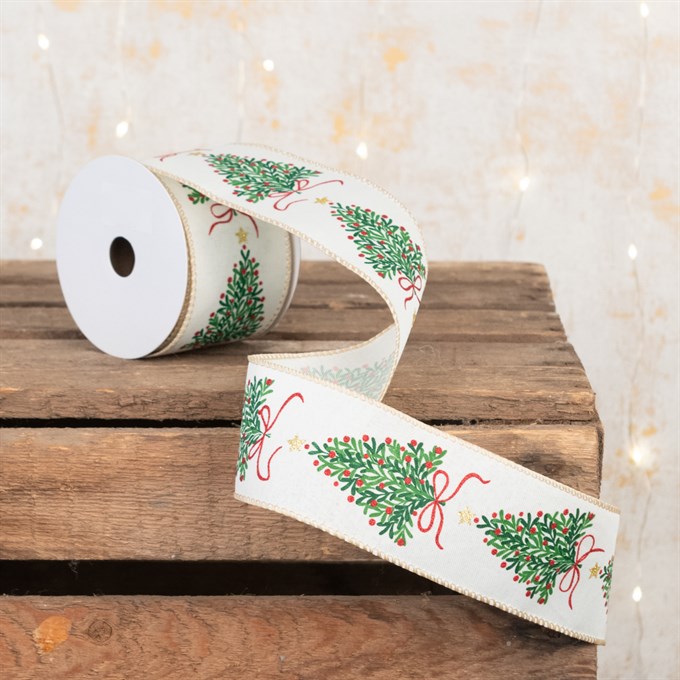 Linen Christmas Tree Ribbon 2.5" White