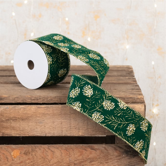 Green Velvet Christmas Ribbon with Pinecones 2.5"