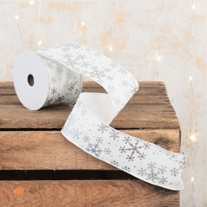 Linen Christmas Ribbon with Silver Snowflakes 2.5"