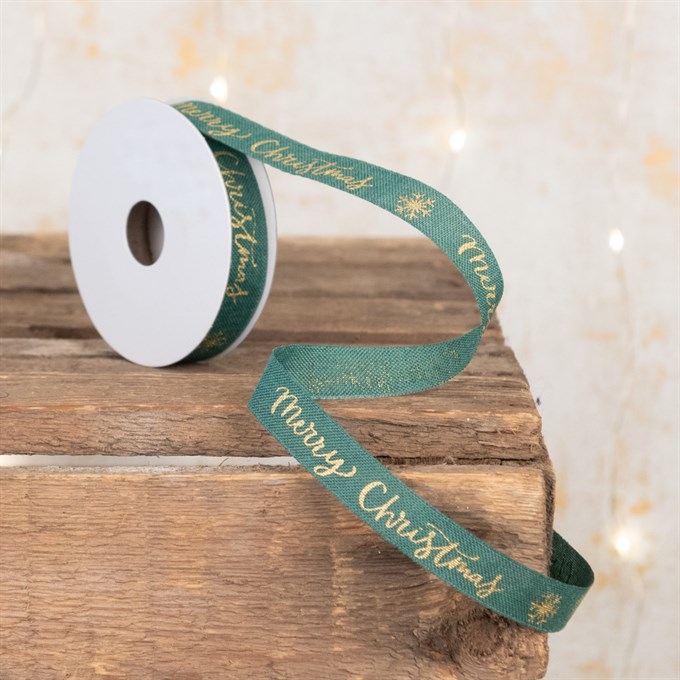 Narrow Green Merry Christmas Ribbon