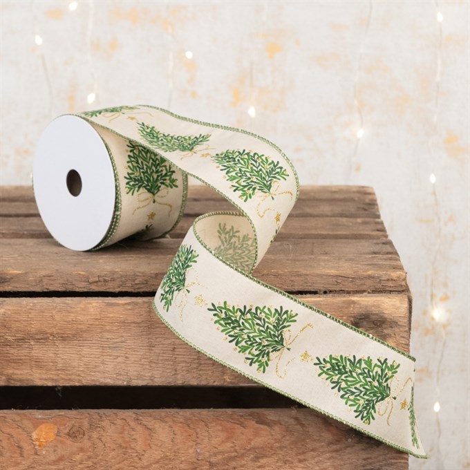 Linen Christmas Tree Ribbon 2.5" Beige