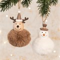 Set of 2 Wooden Pom Snowman & Reindeer Baubles