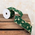 Green Velvet Christmas Ribbon with Pinecones 2.5"