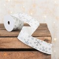 Linen Christmas Ribbon with Silver Snowflakes 2.5"